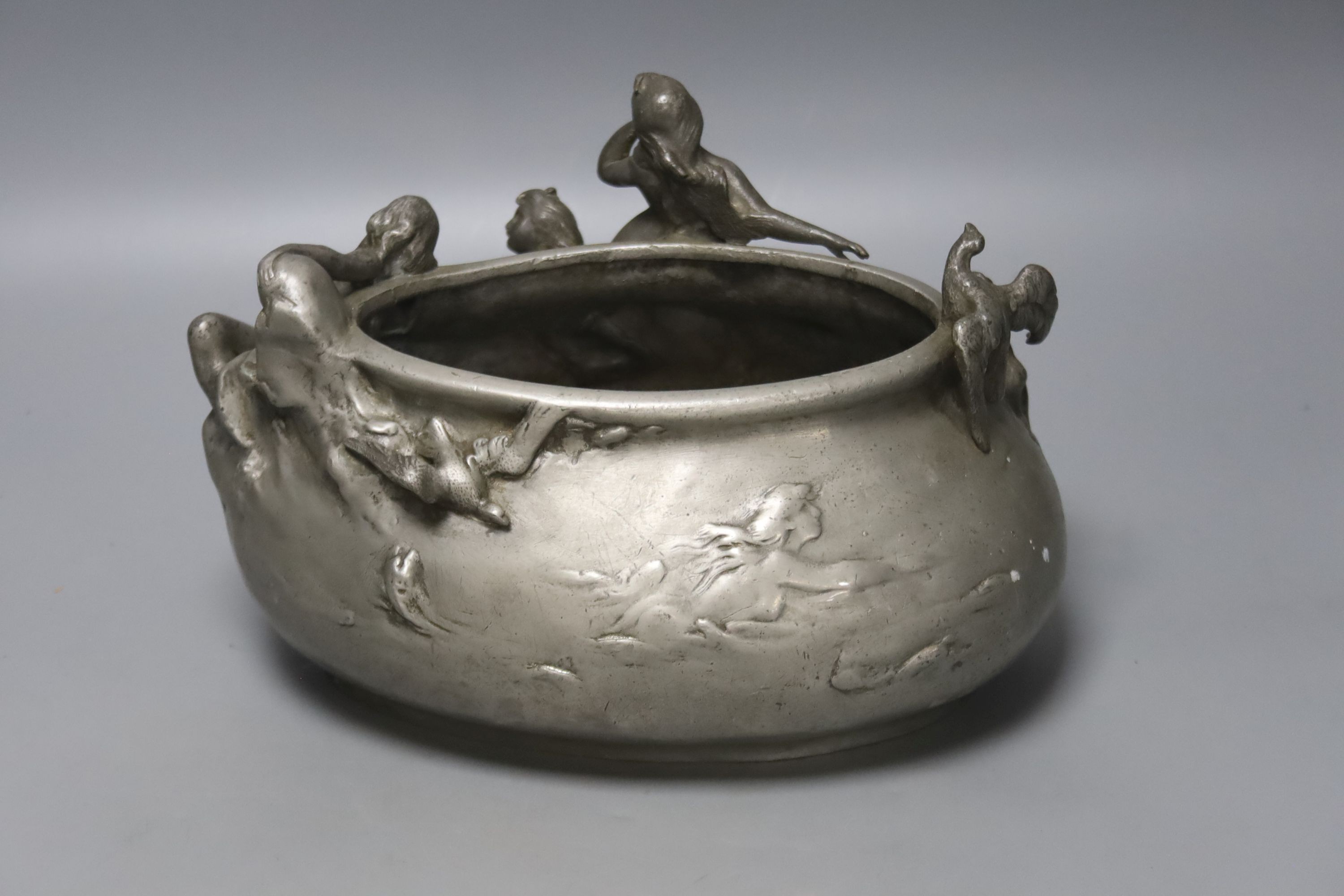 After A. Foretay. An Art Nouveau pewter centrepiece cast with sea creatures, width 29cm